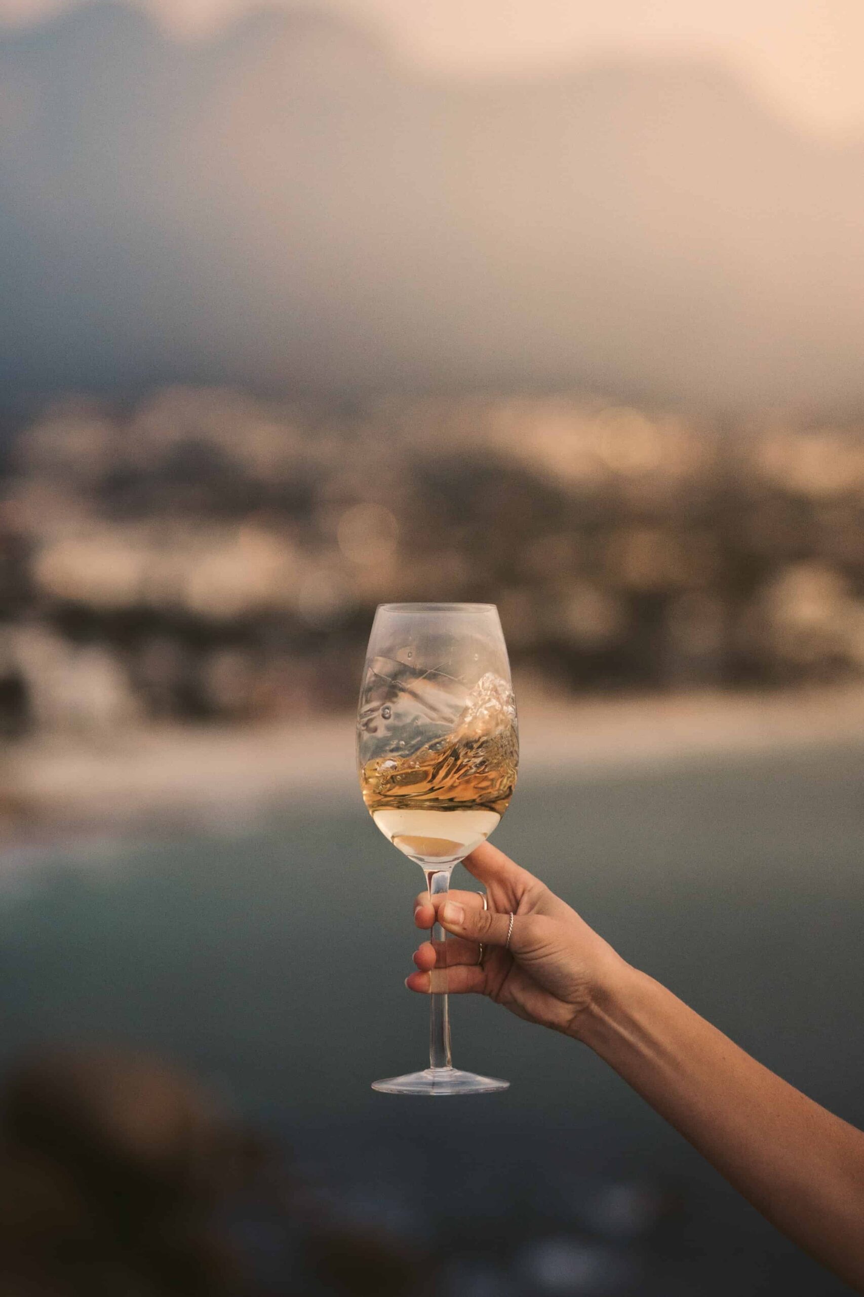 A person swirling a wine glass with the ocean in the background